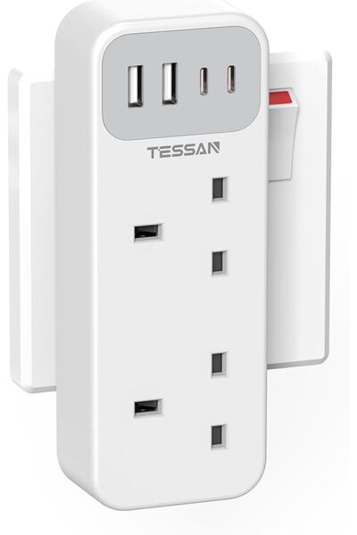 GENERAL محول مقابس مزدوج مع 4 منافذ USB (منفذان USB C)، وصلة مقابس متعددة ثنا...