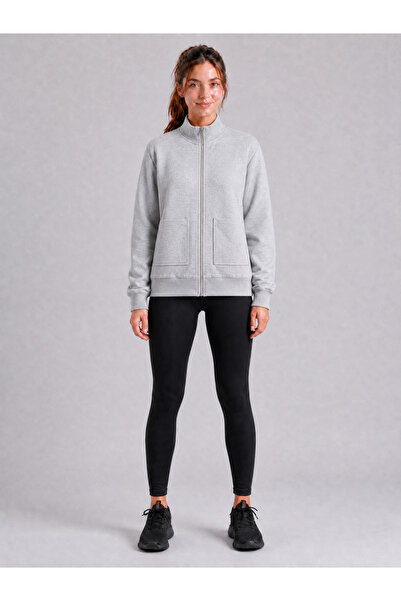 ESADE Kadın Gri Cepli Spor Hırka Fermuarlı Sweatshirt