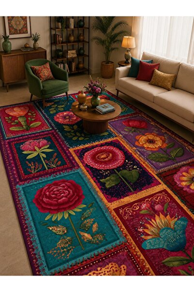 LovisaHome Bohem Patchwork Renkli Çiçek Desenli Yıkanabilir Dijital Baskı Halı