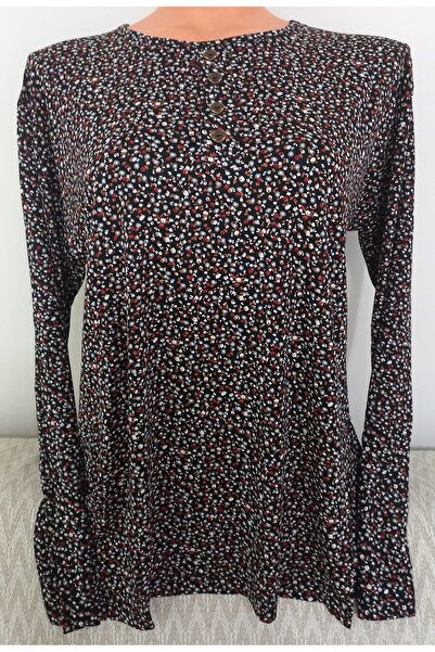 Anne Er Clothing Summer Combed Cotton Blouse Long-Sleeve O-Neck Black Floral