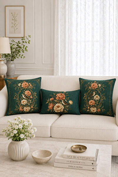 Bebişim Halı Green Floral and Bird Patterned 3-Piece Throw Pillow Cover Set