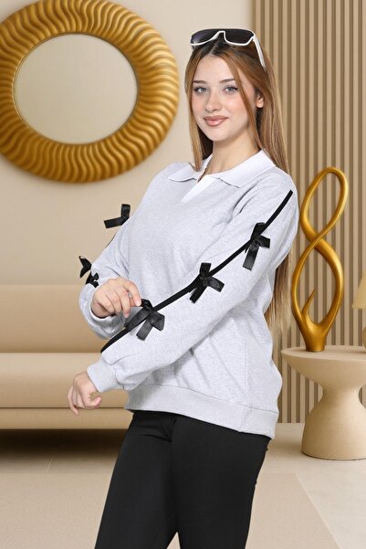 ESADE Kadın Gri Kurdele Detaylı Polo Yaka Şık Tasarım Sweatshirt