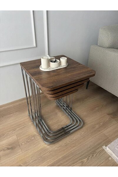 ERYALUX HOME 4'LÜ TEKERLİ ZİGON SEHPA (GÜMÜŞ - BAROK AHŞAP)