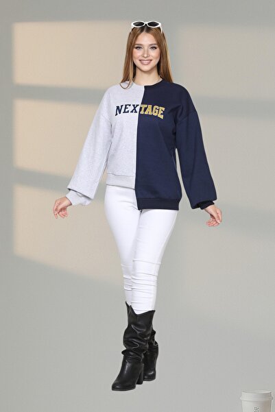ESADE Kadın Gri Lacivert İki Parça Görünümlü Baskılı Oversize Sweatshirt