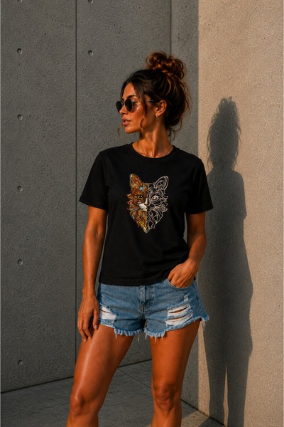 NUATEX Γυναικείο μπλουζάκι με στάμπα Half Mandala Cat σε κανονική εφαρμογή