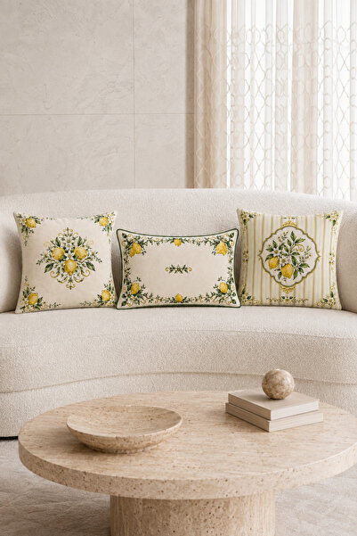 Bebişim Halı Lemon Flower Patterned 3-Piece Decorative Throw Pillow Cover Set