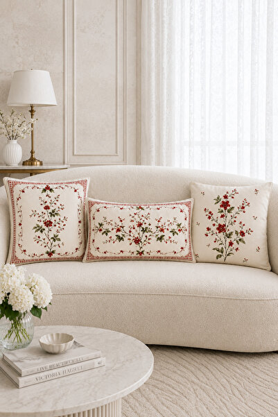 Bebişim Halı Red Floral Patterned 3-Piece Decorative Throw Pillow Cover Set