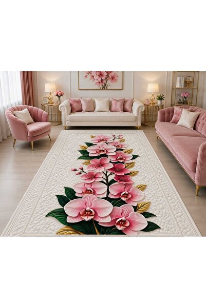 LovisaHome Pembe Orkide Çiçek Desenli Romantik Yıkanabilir Dijital Baskı Halı