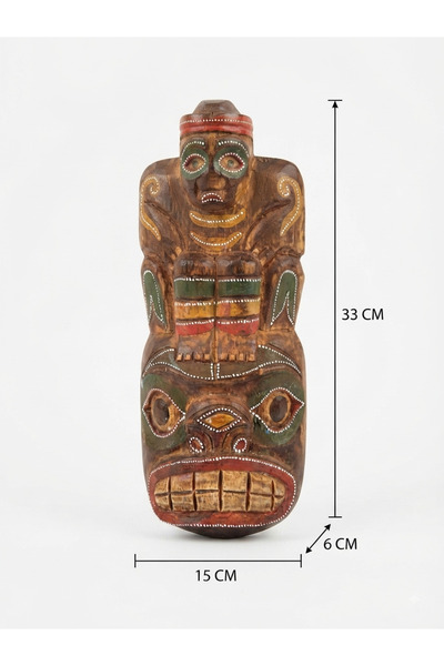 PİRAMİGO Eskitme Ahşap El Oyması Totem Direği Duvar Dekoru Mistik Maske 33 cm