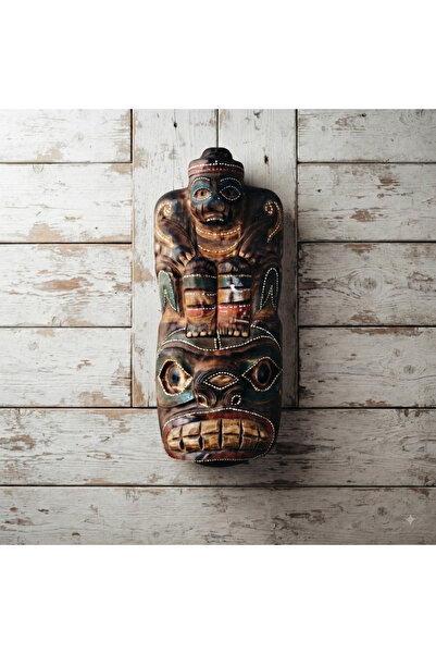 PİRAMİGO Eskitme Ahşap El Oyması Totem Direği Duvar Dekoru Mistik Maske 33 cm