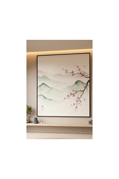 Safir Design Lüks Pembe ve Yeşil Kiraz Çiçeği Feng Shui Tablo| Modern Çerçeve...