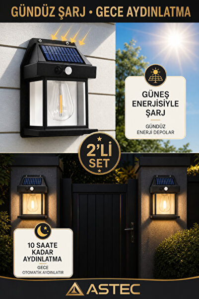 ASTEC Solar Hareket Sensörlü Duvar Lambası 20W IP65 Güneş Enerjili Bahçe Apliği Gün Işığı 2 Adet