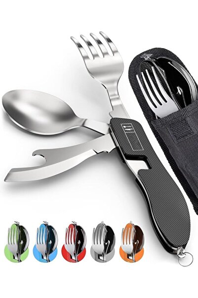 SYOSI 2-Piece 4-in-1 Stainless Steel Camping Folding Cutlery Set Includes Spo...
