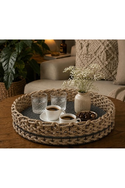 Egindra Wicker Weave Anthracite Gray Base Rustic Design Decorative Tray Made ...