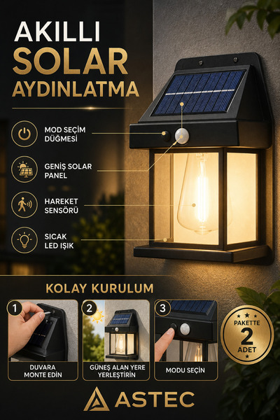 ASTEC Solar Hareket Sensörlü Duvar Lambası 20W IP65 Güneş Enerjili Bahçe Apliği Gün Işığı 2 Adet