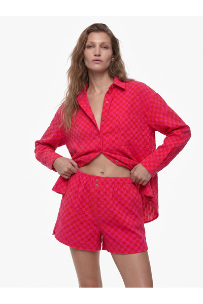 ceyse Elera Kadın Pembe Kareli Gömlek Şortlu 2'li Pijama Takımı Uzun Kollu Pi...