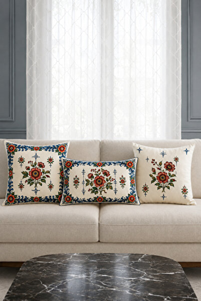HOMESSA Red Navy Blue Floral 3-Piece Throw Pillow Cover