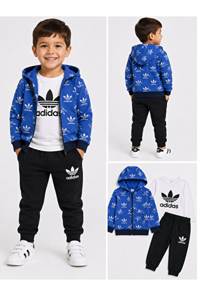 MAVİ BONCUKK Children's Hooded Zippered 3-Piece Set Printed Sweatshirt T-Shir...
