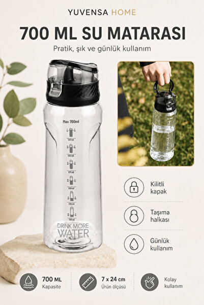Yuvensa Home 700 ml Kilitli Kapaklı Taşıma Halkalı Su Matarası Spor ve Günlük...
