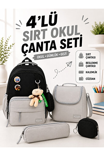 a v d a 4'lü Siyah Gri İlkokul Okula Dönüş Okul Çanta Seti Sırt Çantası Besle...