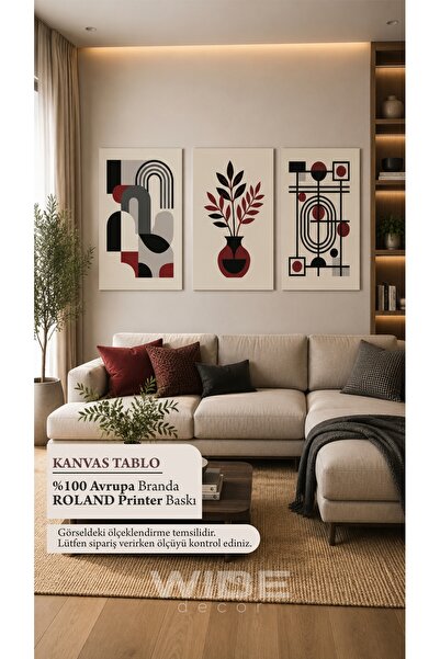 Genel Markalar 3’lü Modern Soyut Kanvas Tablo Seti – Bordo Siyah Bej Geometri...