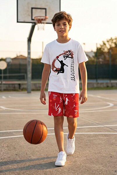 ZUZUNGA Boys Basketball Printed T-Shirt and Shorts 2-Piece Set – Red White