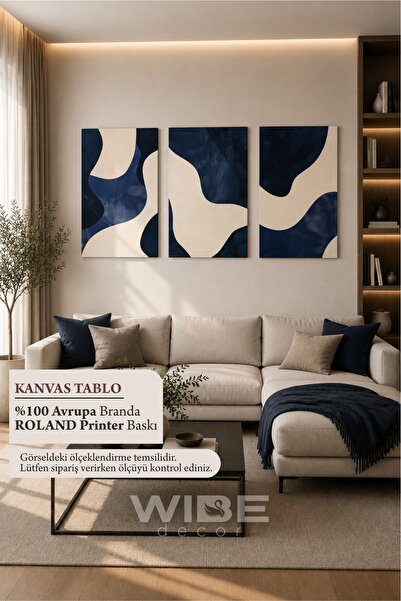 Genel Markalar 3’lü Lacivert Krem Soyut Kanvas Tablo Seti – Modern Minimalist...