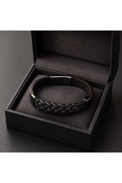 HER ŞEY NOTA www.herseynota.com Atlas Black Braided Leather Men's Bracelet – Adjustable Special Boxed Design