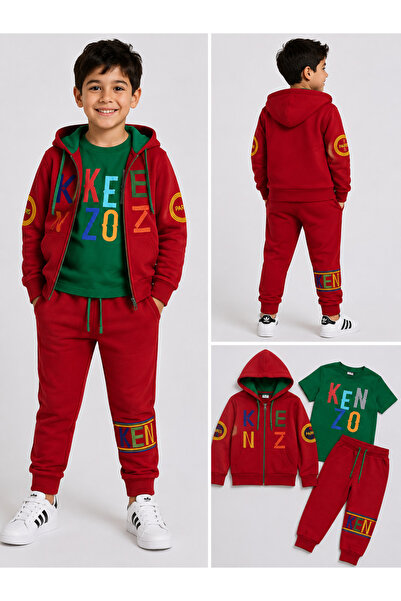 MAVİ BONCUKK Children's Hooded Zippered 3-Piece Tracksuit Set T-Shirt Sweatsh...