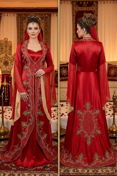JABO WEDDİNG HOUSE KAFTAN TEK ÜST CEKET İÇ ELBİSESİZ KIRMIZI GOLD NAKIŞ VE TA...