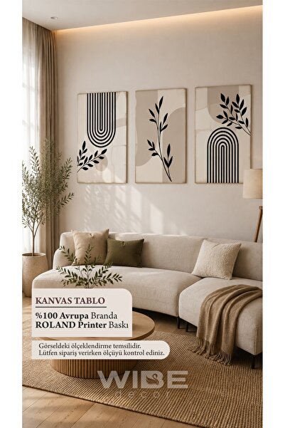 Genel Markalar 3’lü Bohem Botanik Kanvas Tablo Seti – Siyah Bej Minimalist Ge...
