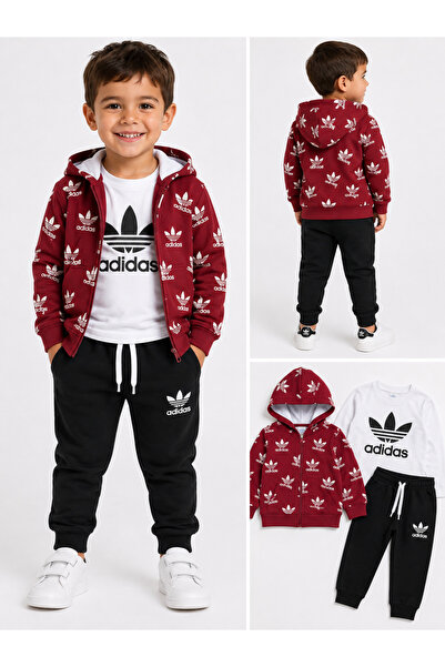 MAVİ BONCUKK Children's Hooded Zippered 3-Piece Set Printed Sweatshirt T-Shir...