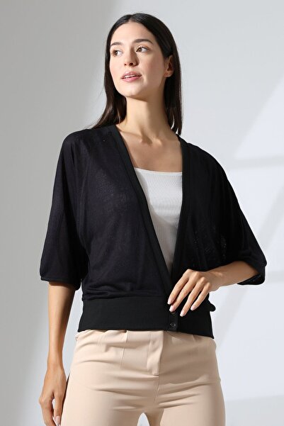 comstar Women's Casual V-Neck Openwork Buttoned Black Cardigan