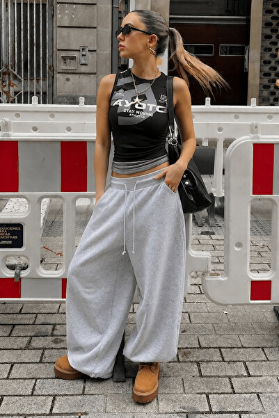 RB CLUB Women's Gray High Waist 3-Thread Wide Leg Sweatpants Rb001