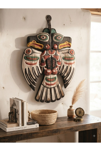 PİRAMİGO Şimşek Kuşu Thunderbird Eskitme El Oyması Ahşap Maske Totem Boho Tribal Duvar Dekoru 38 cm