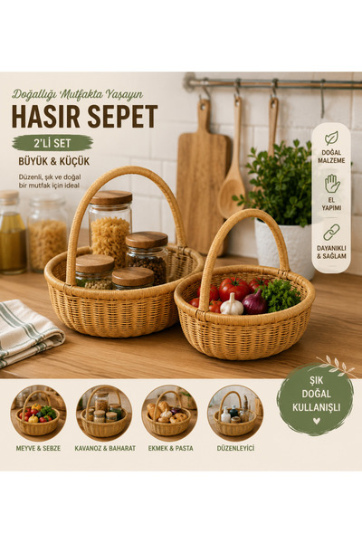 CNSZ Piknik sepeti - Çok amaçlı Hasır sepet - 2li Sepet- banyo sepeti, Mutfak...