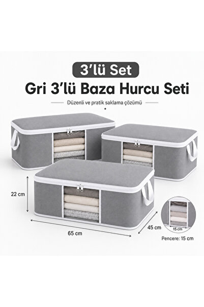 Melisa tekstil 3’lü Pencereli Baza Hurcu Çok Amaçlı Saklama Organizeri Gri 65...