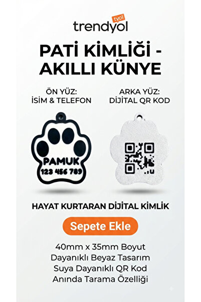 ThrAiD Kişiselleştirilebilir İsim ve Telefon Numaralı QR Kodlu Pati Kimliği 40x35mm Beyaz Evcil Hayvan Künyesi