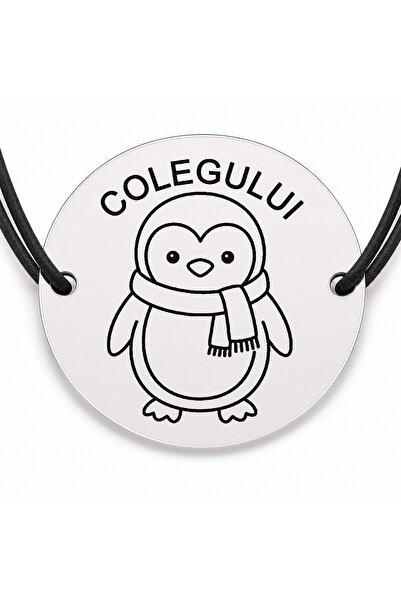 Simoshop Brățară argint 925 cu bănuț gravat pinguin cu fular, șnur negru regl...