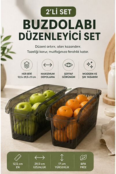Homsen 2'li Buzdolabı Organizeri Sebze Meyve Saklama Kabı Şeffaf Mutfak Dolap...