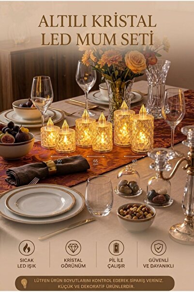 TARIK HOME 6'lı Set Pilli Kristal Tasarımlı Led Mum - Alev Efektli Dekoratif ...