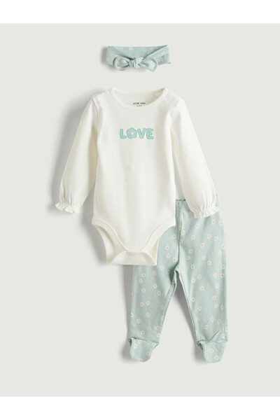 LC Waikiki Crew Neck Baby Girl Snap Body Pants and Headband 3-Piece Set