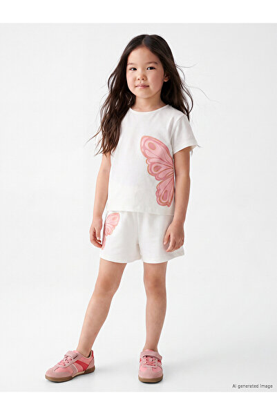 LC Waikiki Two Mt Shop Quality Lcw Kids White 2 Thread Printed Short Girls' S...