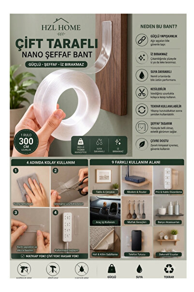 HZL HOME Çift Tarafı Nano Şeffaf Bant 3 Metre - Güçlü Yapışkanlı, İz Bırakmaz...