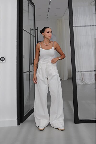 Havoş Ecru Wide Leg Jeans with Single Pleat on the Front