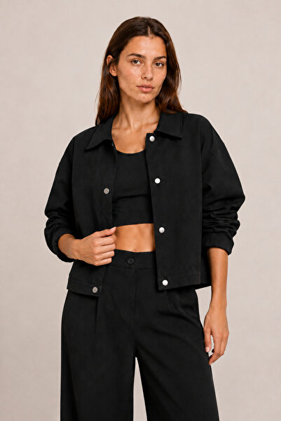 Maison Rae Kadın Siyah Oversize, Polo Yaka, Çıtçıtlı, Pamuklu Gabardin, Kısa ...