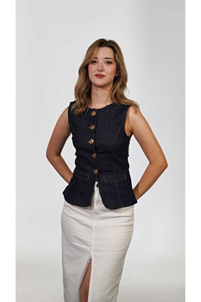 Happy Pink Gold Düğme Detaylı Denim Yelek – Indigo - Lacivert