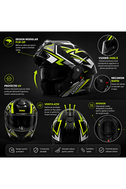 FIXATO Casca modulară pentru motocicletă/scuter Viper, cu vizieră dublă, protecție UV, verde, mărimea 57-59cm