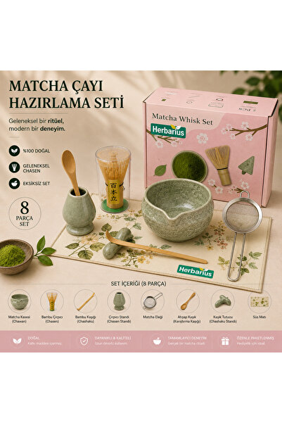 Herbarius 8 Parça Çiçek Desenli Benekli Adaçayı Yeşili Renk Matcha Çayı Hazırlama Seti - Geleneksel Japon Matcha Seti