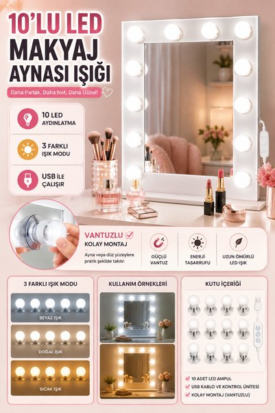 Hane Dostu 10’lu LED Makyaj Aynası Işığı 3 Renk Modlu USB Bağlantılı Vantuzlu...